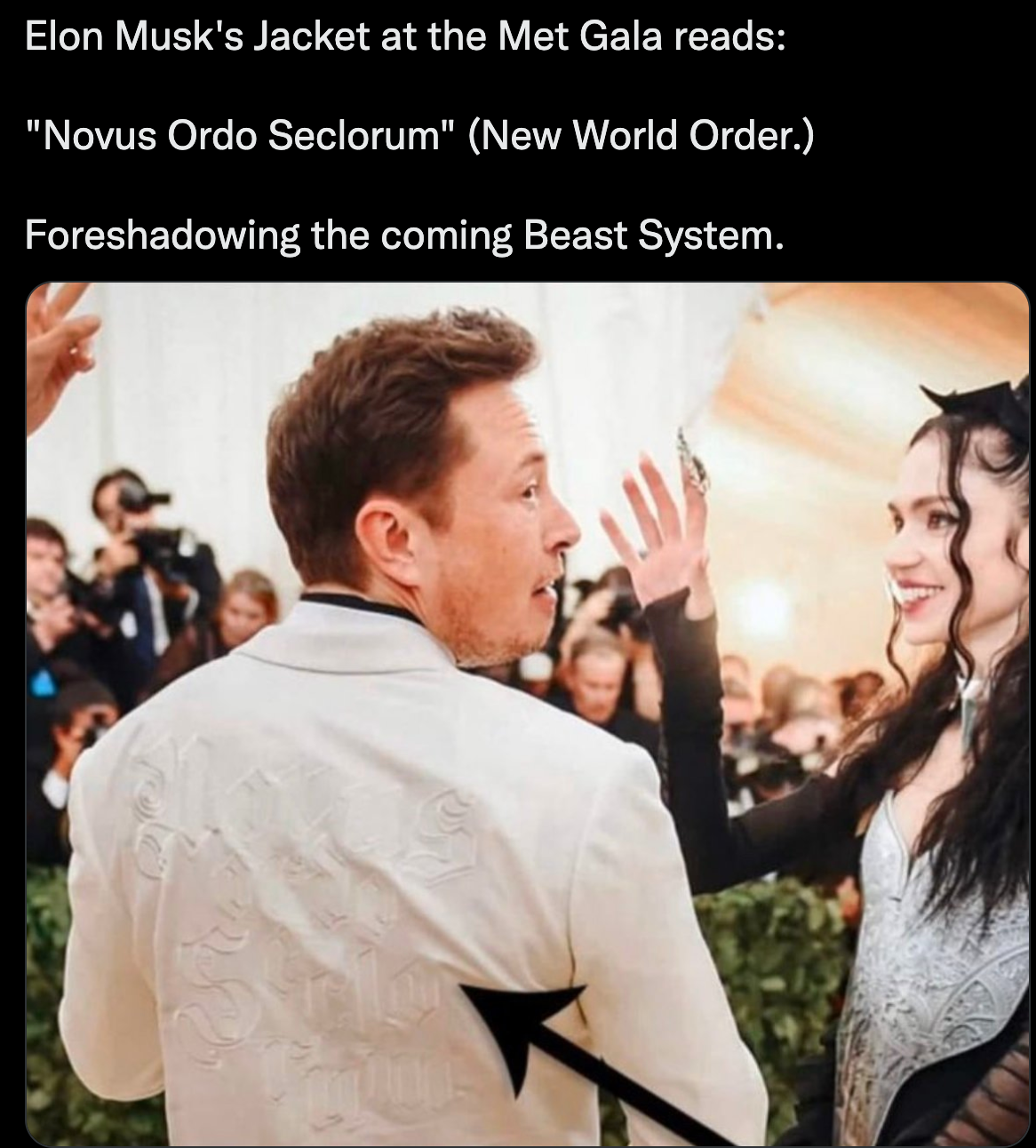 Elon Musk wears New World Order jacket at the Met Gala The Great